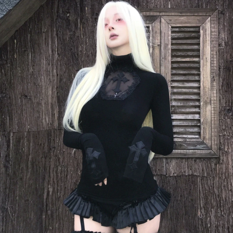 Gothic Turtleneck Pullover with Cross - 1