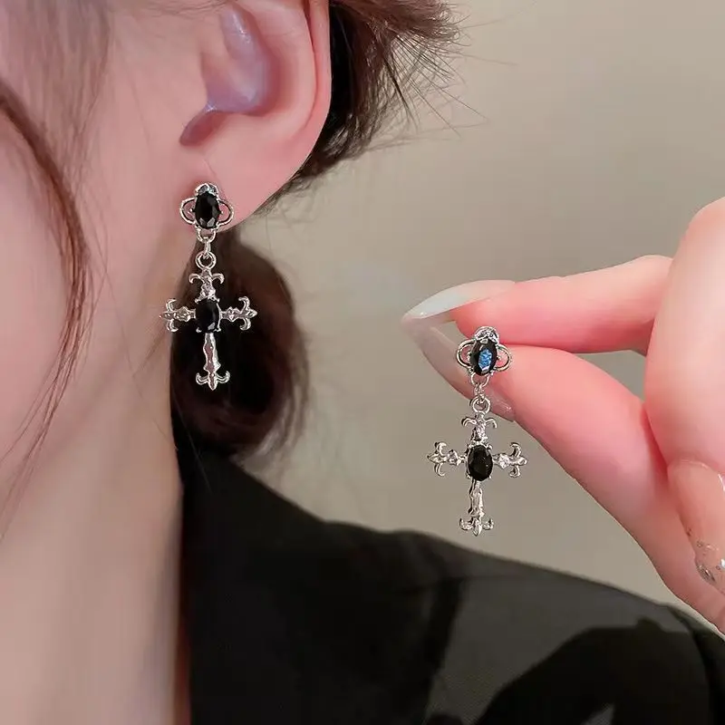 Gothic Cross Black Drop Earrings - 1