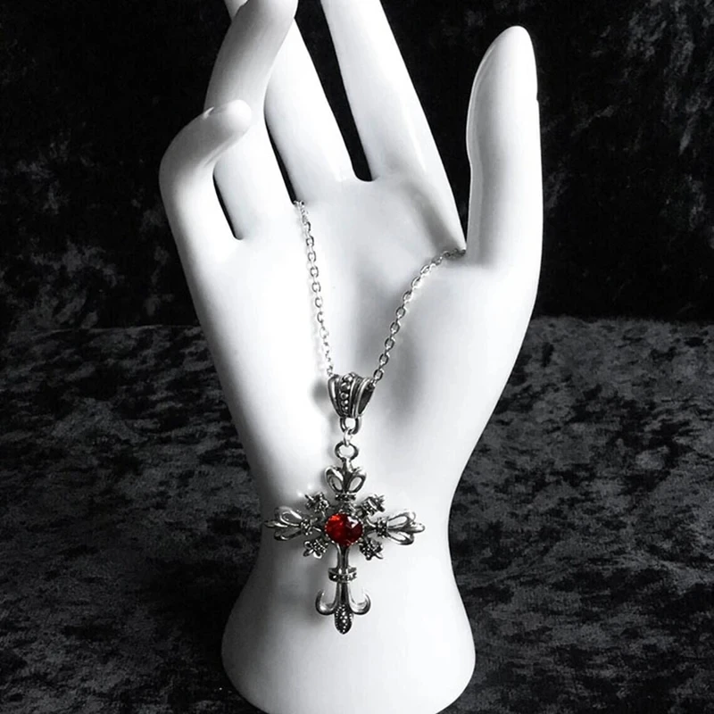 Gothic cross Necklace with red crystal - 4
