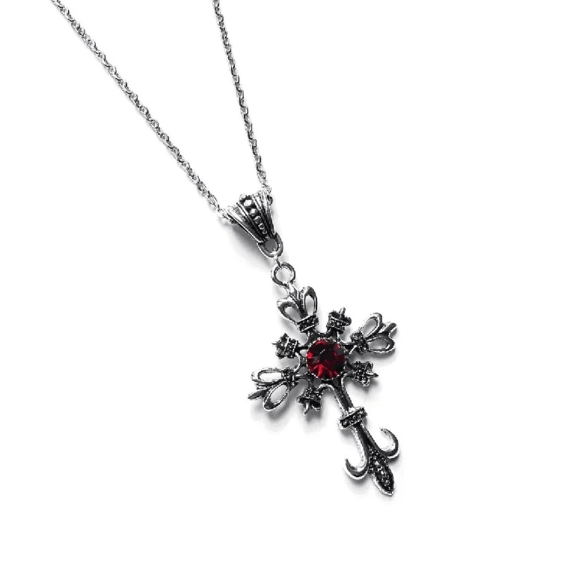 Gothic cross Necklace with red crystal - 2