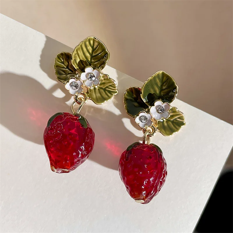 Red Strawberry and Flower Drop Earrings - 2