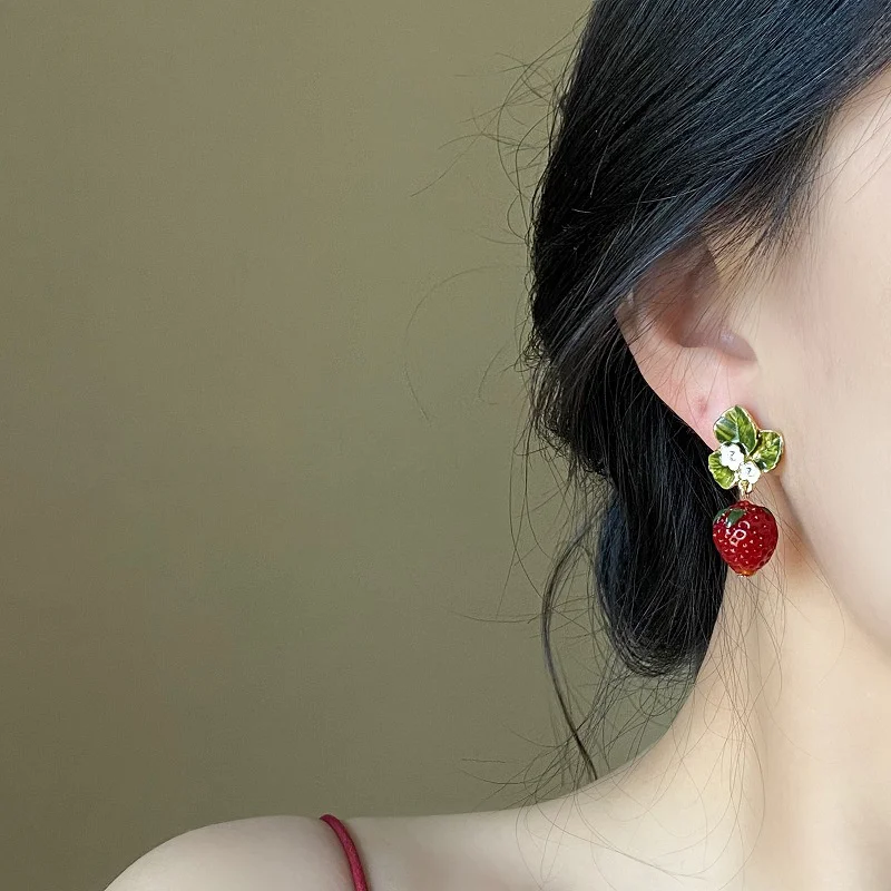 Red Strawberry and Flower Drop Earrings - 4