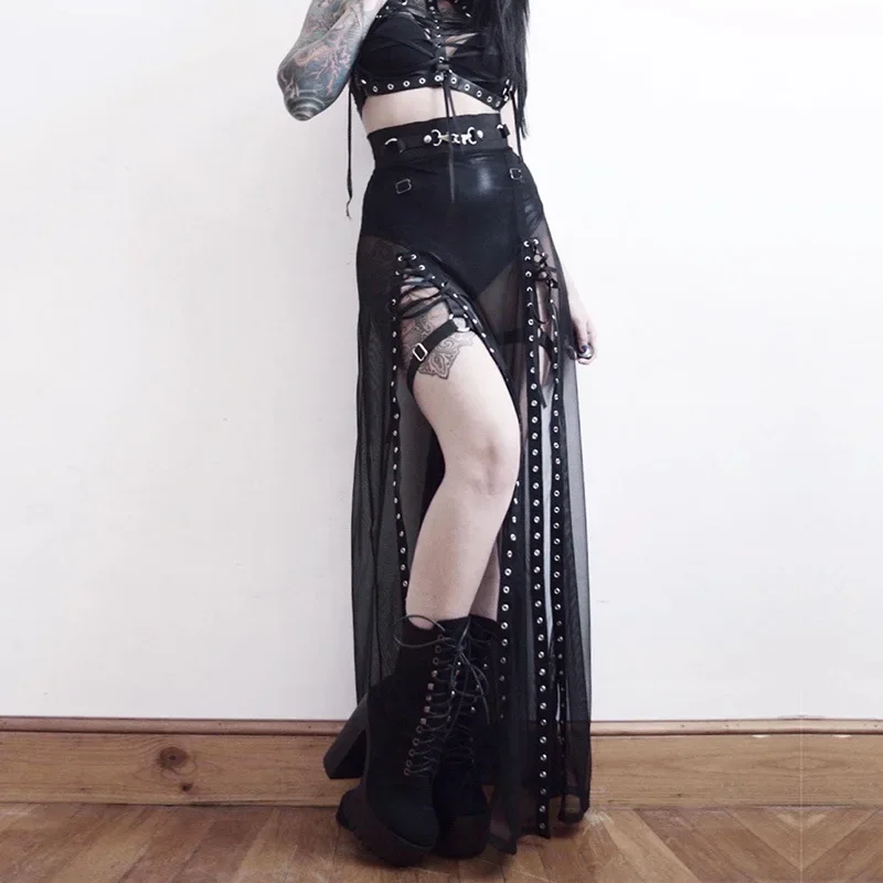 Punk Gothic Midi Black Mesh Skirt - 7