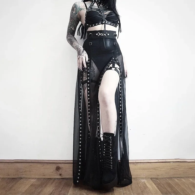 Punk Gothic Midi Black Mesh Skirt - 6