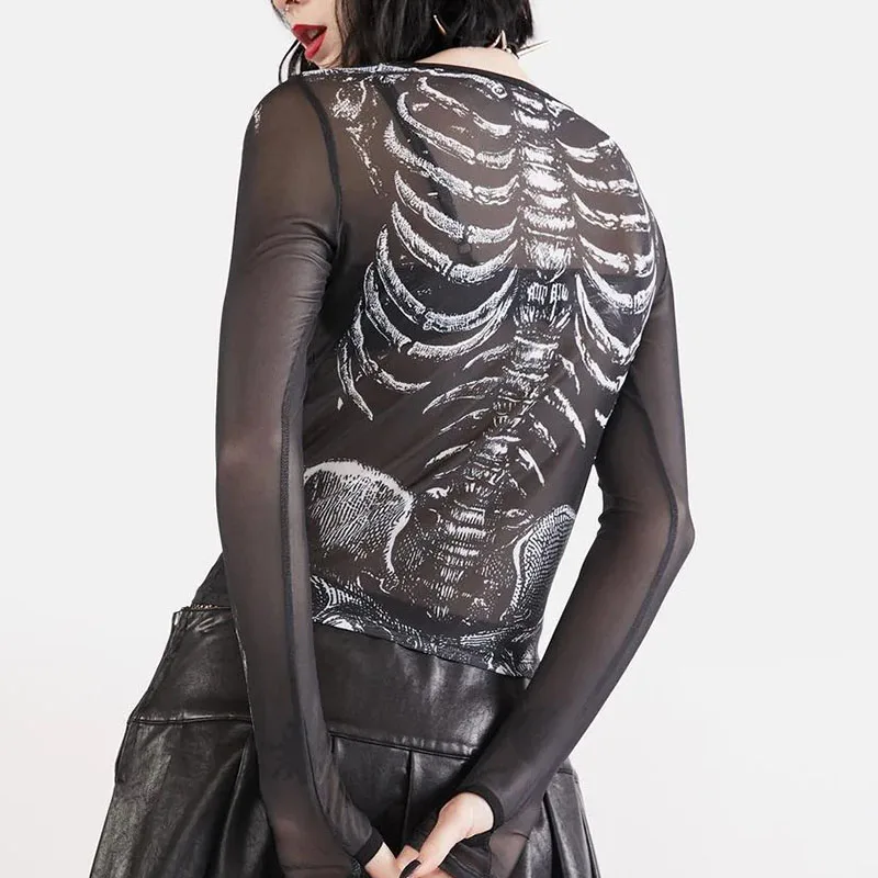 Gothic Punk Skeleton-Print Sheer Top - 5