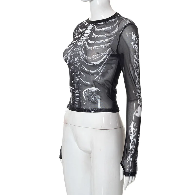 Gothic Punk Skeleton-Print Sheer Top - 9