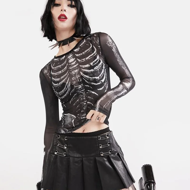 Gothic Punk Skeleton-Print Sheer Top - 2