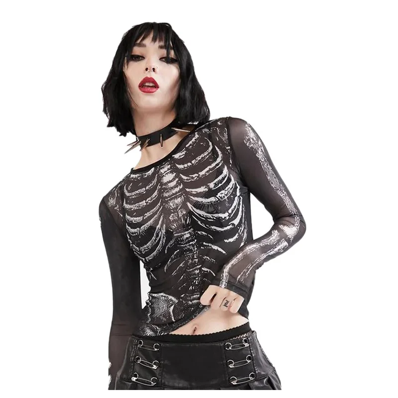 Gothic Punk Skeleton-Print Sheer Top - 6