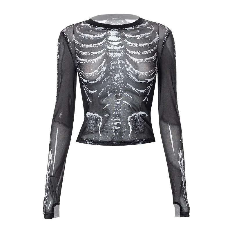 Gothic Punk Skeleton-Print Sheer Top - 7