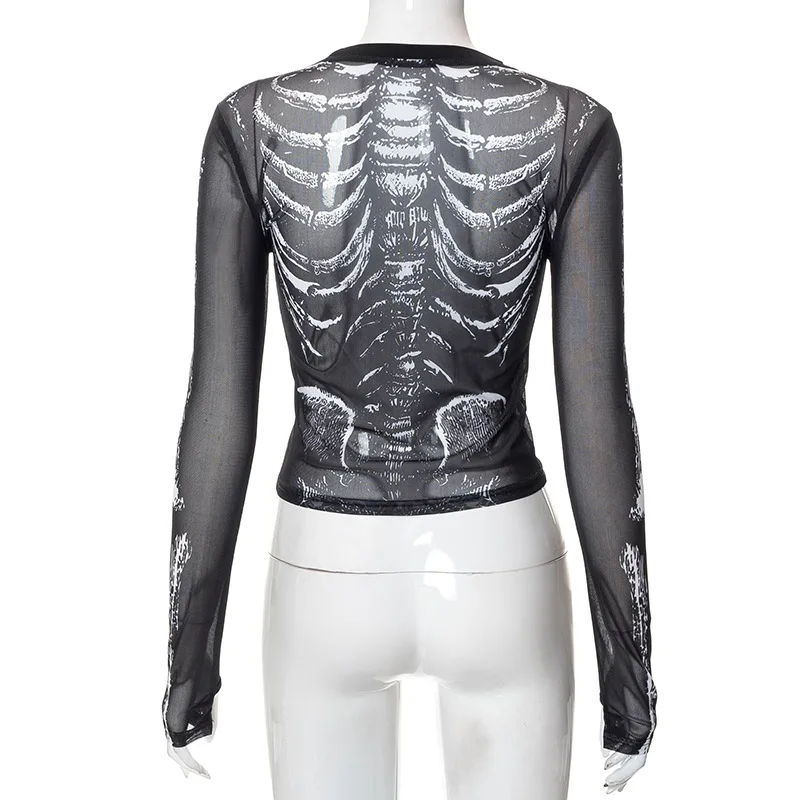Gothic Punk Skeleton-Print Sheer Top - 10