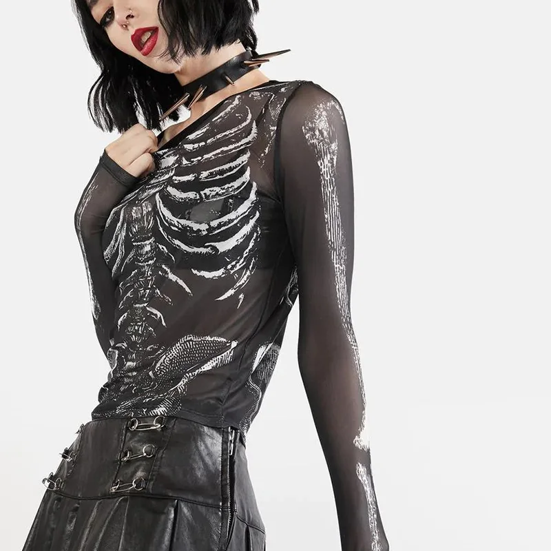Gothic Punk Skeleton-Print Sheer Top - 3
