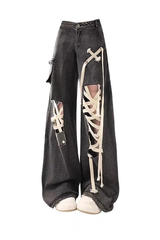 Grunge Streetwear Distressed Lace-Up Pants - 2 Grunge Streetwear Distressed Lace-Up Pants - 2