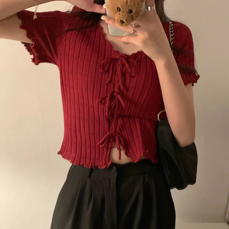 Dark Academia Lace-Up Ribbed Crop Top - 4