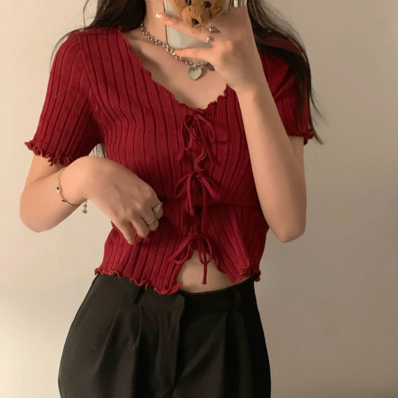 Dark Academia Lace-Up Ribbed Crop Top - 6