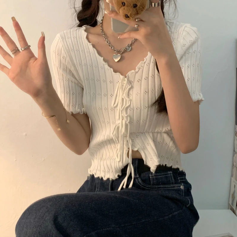 Dark Academia Lace-Up Ribbed Crop Top - 13