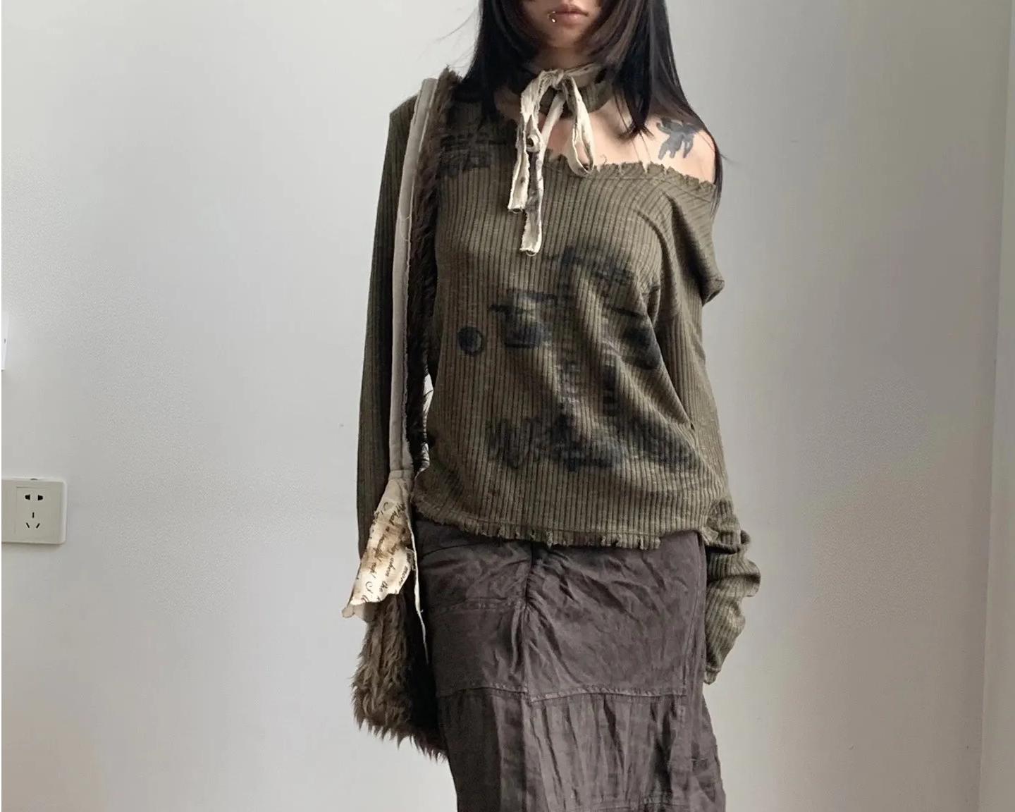 Grunge Streetwear Asymmetrical Ribbed Top - 1 Grunge Streetwear Asymmetrical Ribbed Top - 1