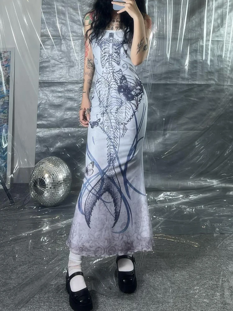Mermaidcore Skeleton Print Maxi Dress - 1 Mermaidcore Skeleton Print Maxi Dress - 1