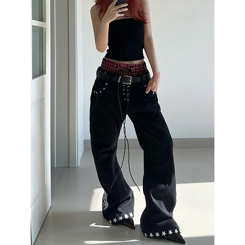 Y2K Punk Baggy Cargo Pants with Plaid Detailing - 2