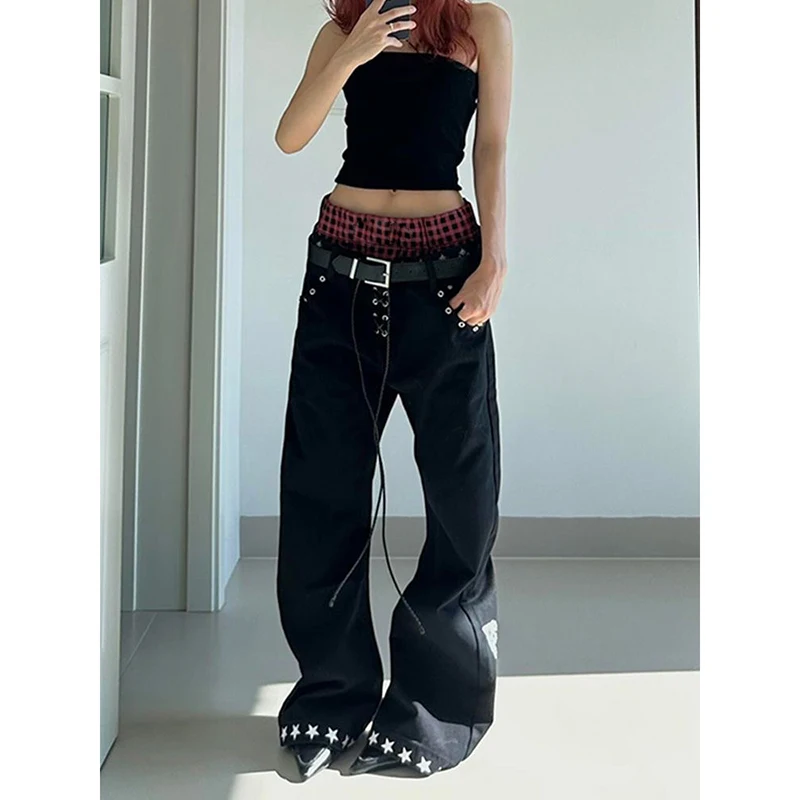 Y2K Punk Baggy Cargo Pants with Plaid Detailing - 5