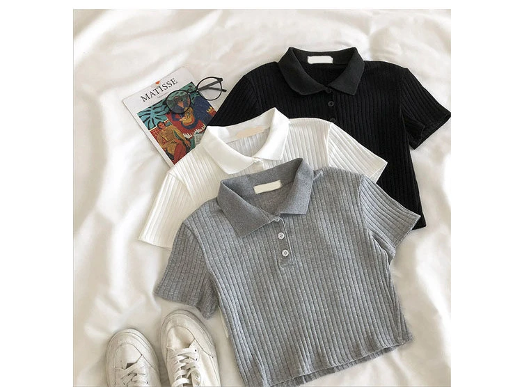 Minimalist Soft Grunge Cropped Ribbed Polo - 2 Minimalist Soft Grunge Cropped Ribbed Polo - 2