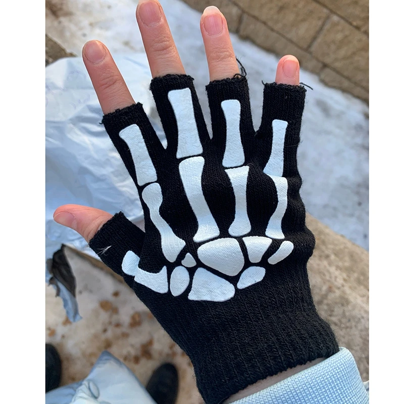Gothic Cyberpunk Skeleton Fingerless Gloves - 4