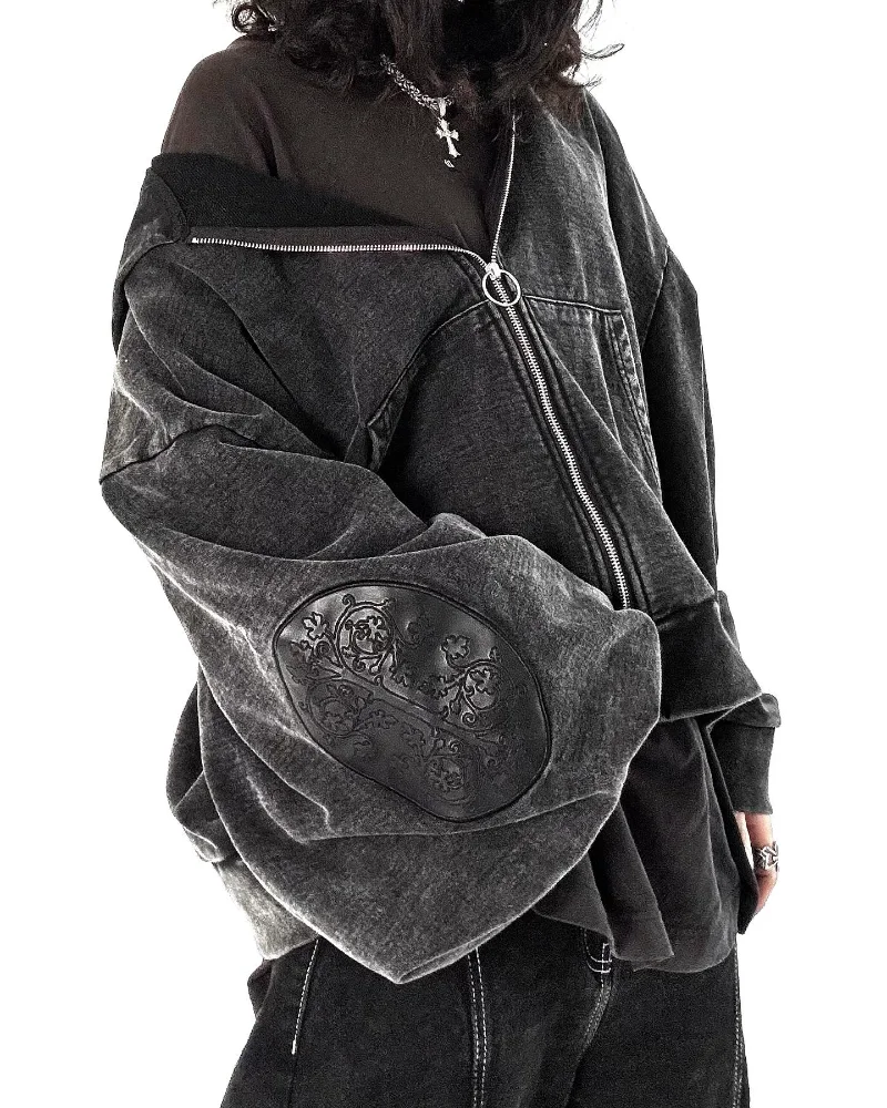 Gothic Grunge Oversized Distressed Hoodie with Occult Embroidery - 3 Gothic Grunge Oversized Distressed Hoodie with Occult Embroidery - 3