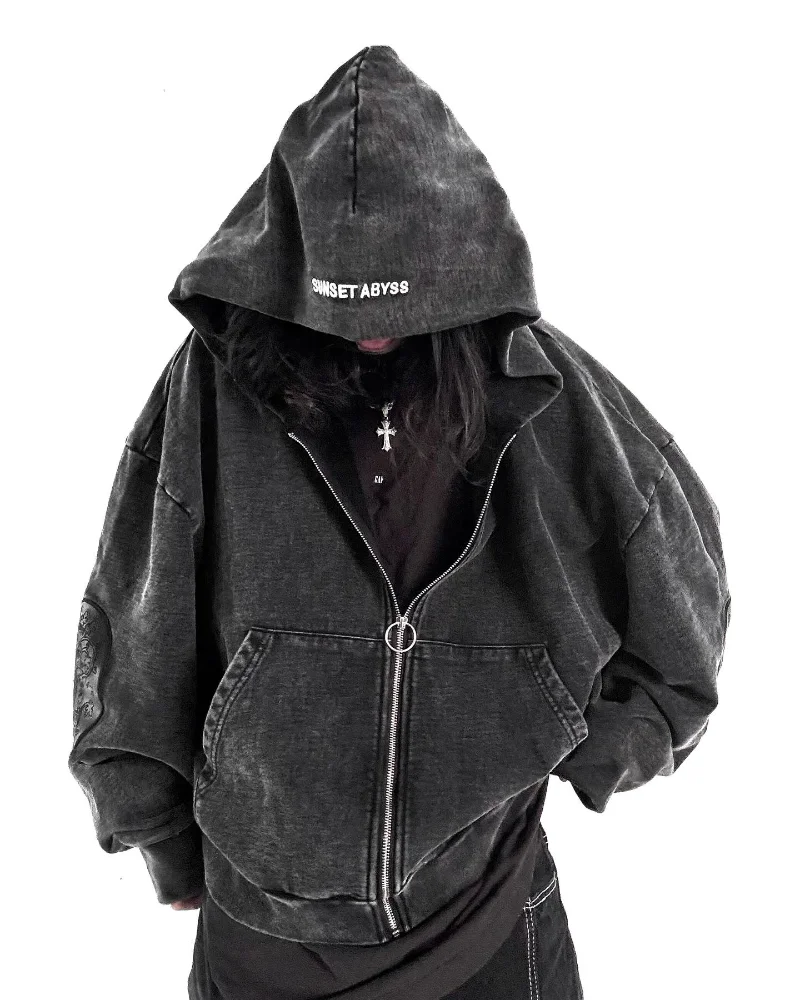 Gothic Grunge Oversized Distressed Hoodie with Occult Embroidery - 1 Gothic Grunge Oversized Distressed Hoodie with Occult Embroidery - 1