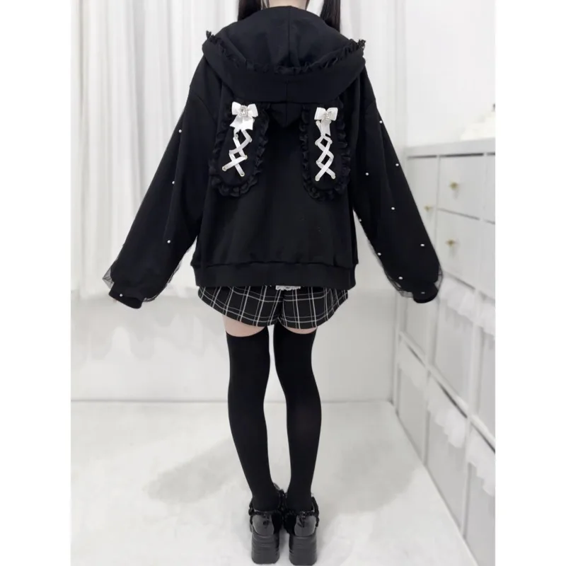 Gothic Lolita Cross-Detail Oversized Hooded Jacket - 6