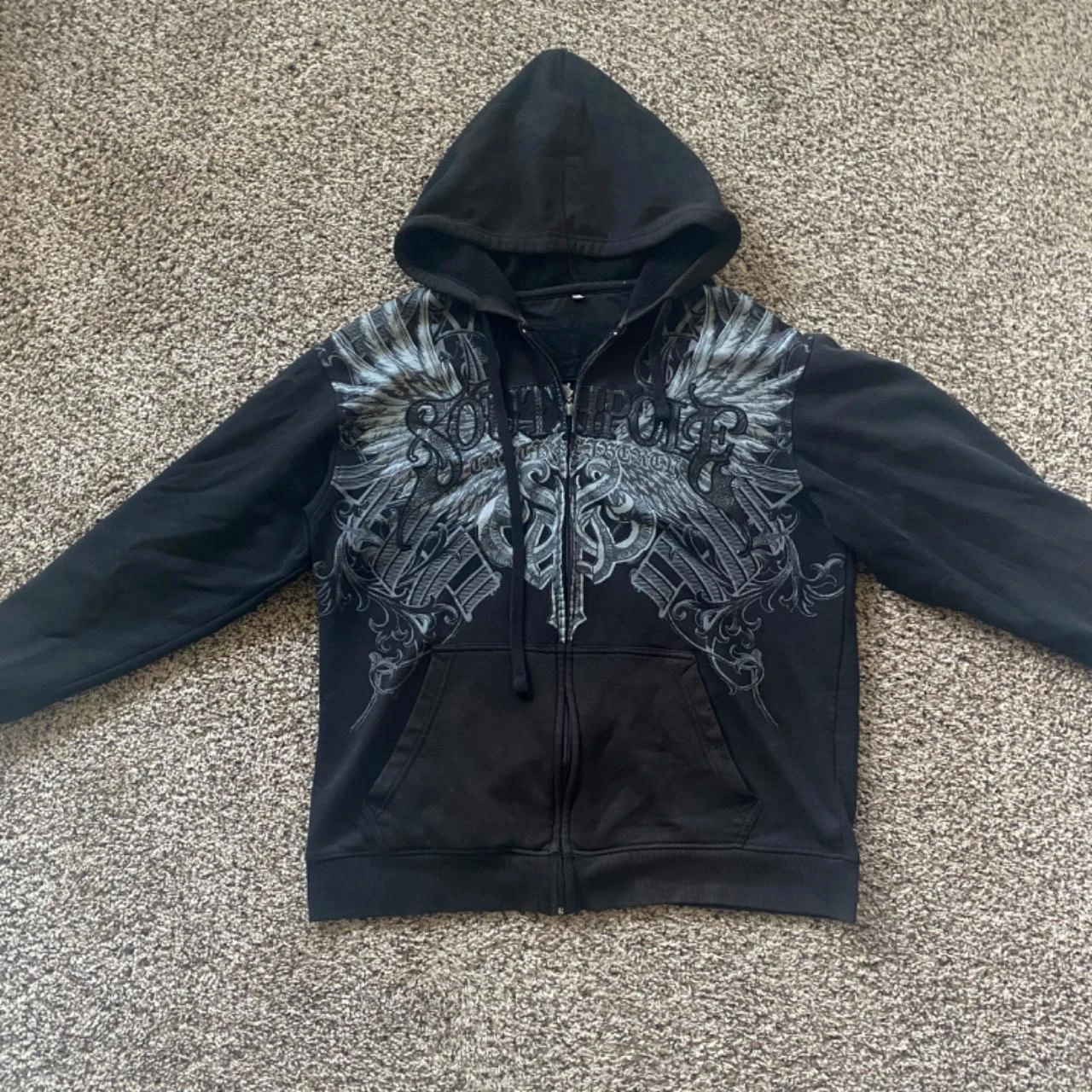Gothic Punk Embroidered Oversized Hoodie with Winged Design - 1