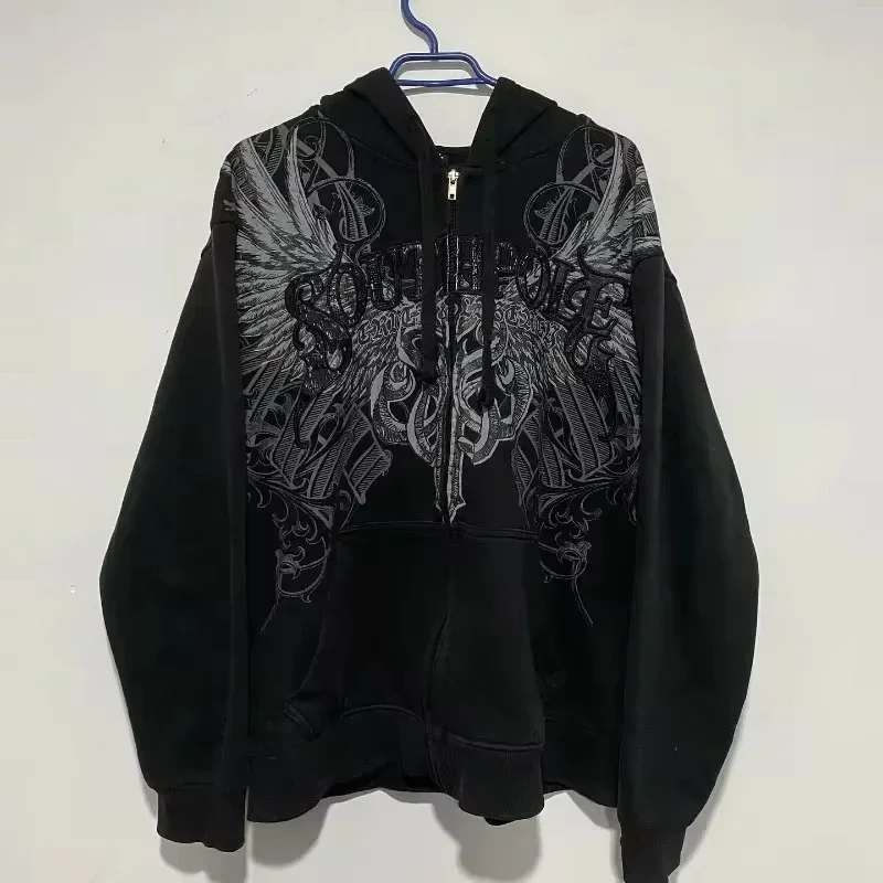 Gothic Punk Embroidered Oversized Hoodie with Winged Design - 4