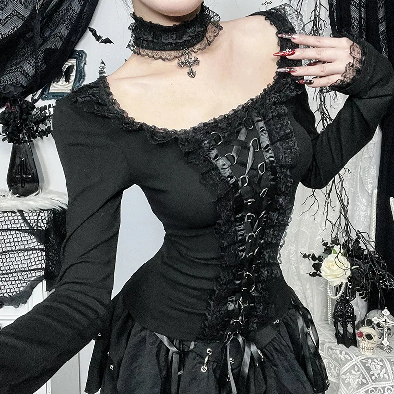 Gothic Lolita Lace-Up Corset Long-Sleeve Top with Choker - 8