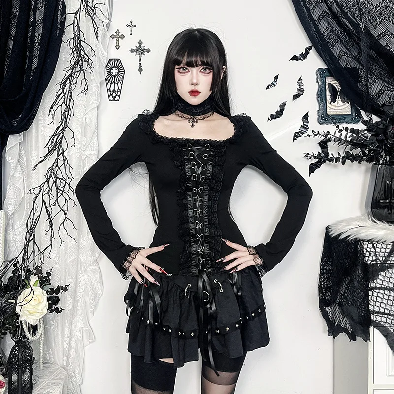 Gothic Lolita Lace-Up Corset Long-Sleeve Top with Choker - 5