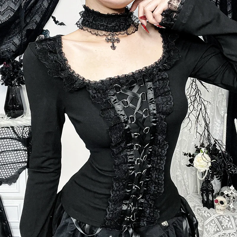 Gothic Lolita Lace-Up Corset Long-Sleeve Top with Choker - 3