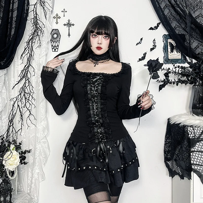 Gothic Lolita Lace-Up Corset Long-Sleeve Top with Choker - 6