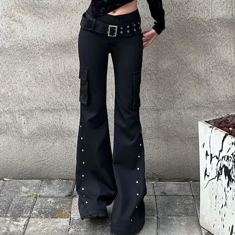Gothic Cyberpunk Studded Cargo Flare Pants - 7