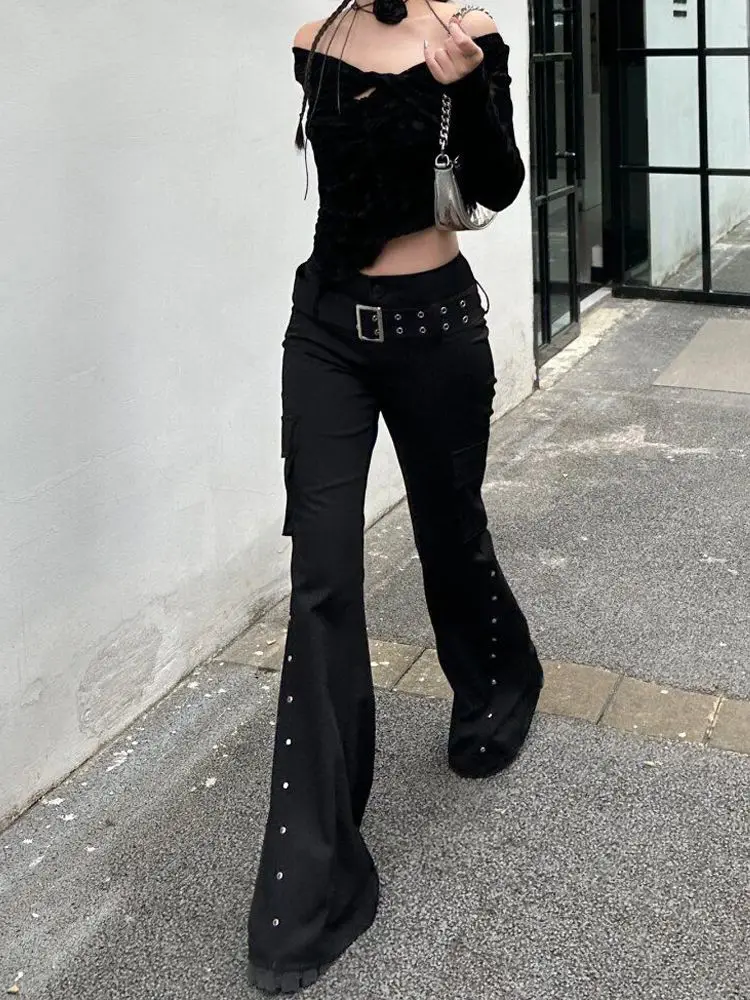 Gothic Cyberpunk Studded Cargo Flare Pants - 3