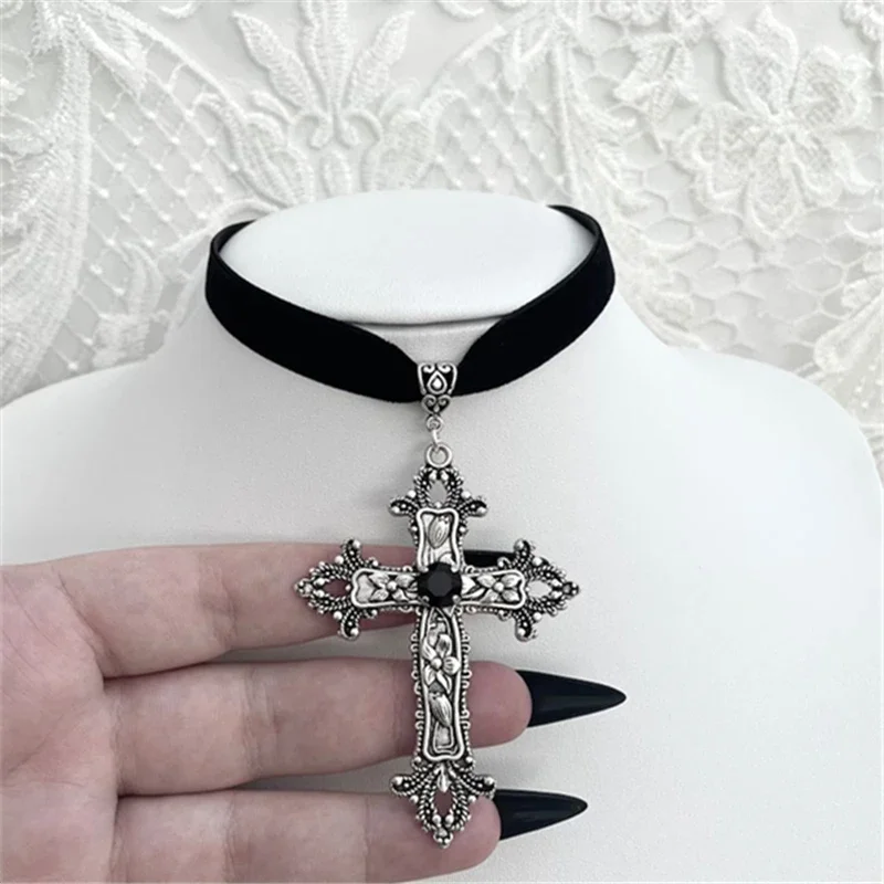 Gothic Black Velvet Choker with Cross - 3 Gothic Black Velvet Choker with Cross - 3