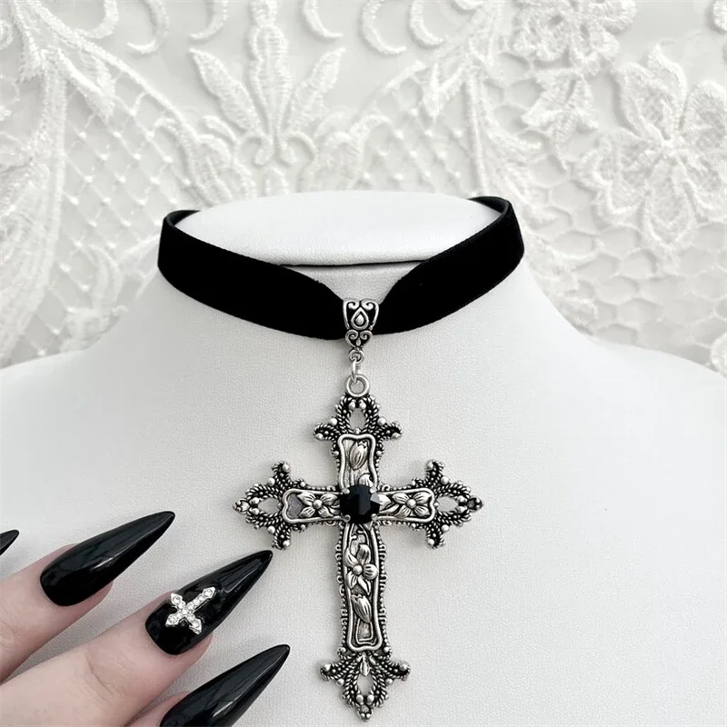 Gothic Black Velvet Choker with Cross - 1 Gothic Black Velvet Choker with Cross - 1