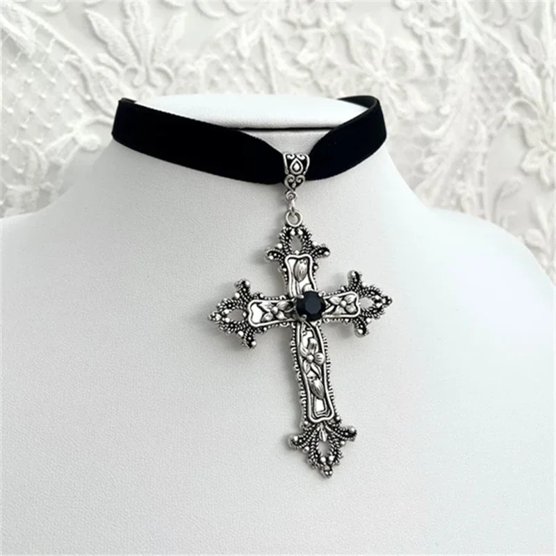 Gothic Black Velvet Choker with Cross - 2 Gothic Black Velvet Choker with Cross - 2