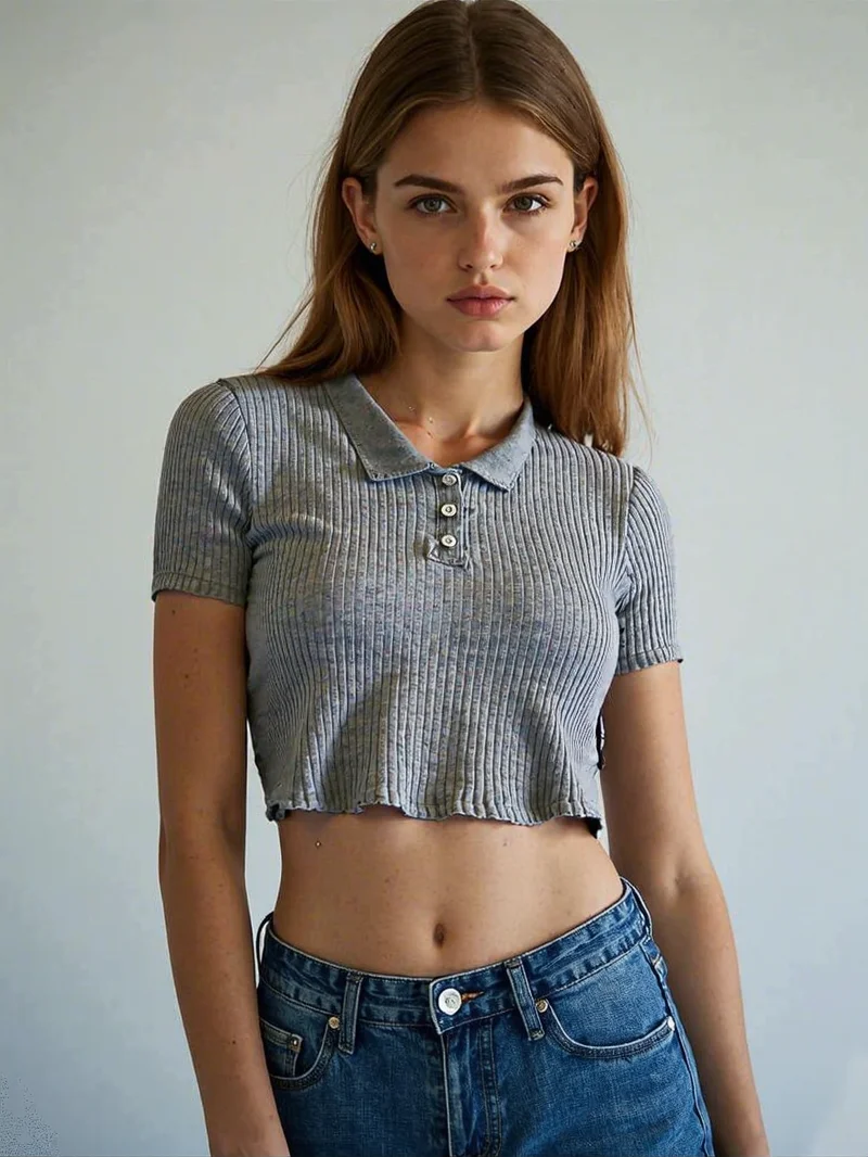 Minimalist Soft Grunge Cropped Ribbed Polo - 1 Minimalist Soft Grunge Cropped Ribbed Polo - 1