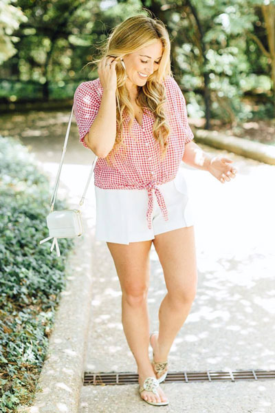 Tie Waist Blouse + Front Open Pleat Shorts + Tory Burch Flip Flop Sandals | 51+ Popular Summer Outfits You Should Already Own