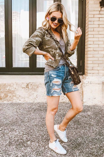 Cropped Camo Jacket + Levi's Shorts | 21+ Elegant Short Dresses You will Love to Try